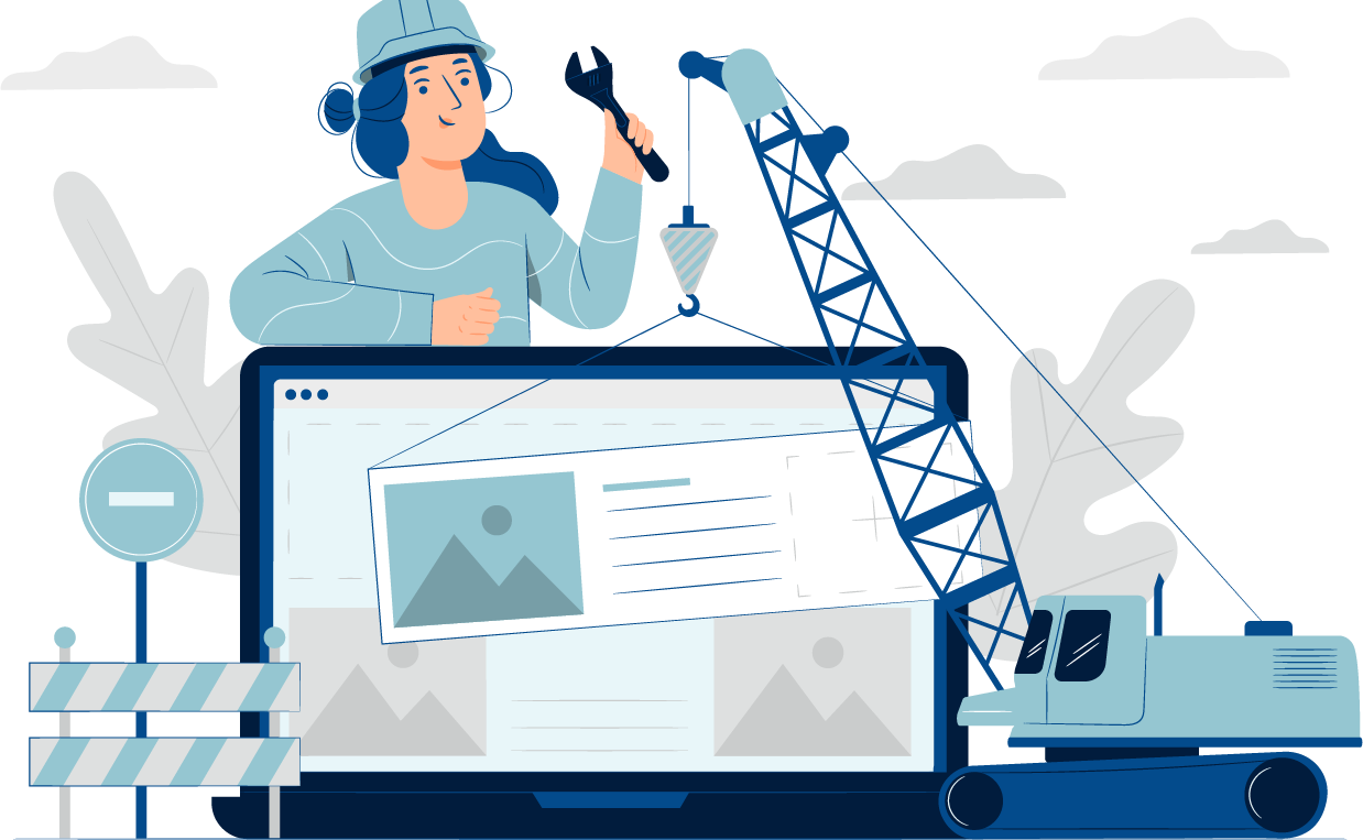 Ilustración de una trabajadora dando mantenimiento a un sitio web